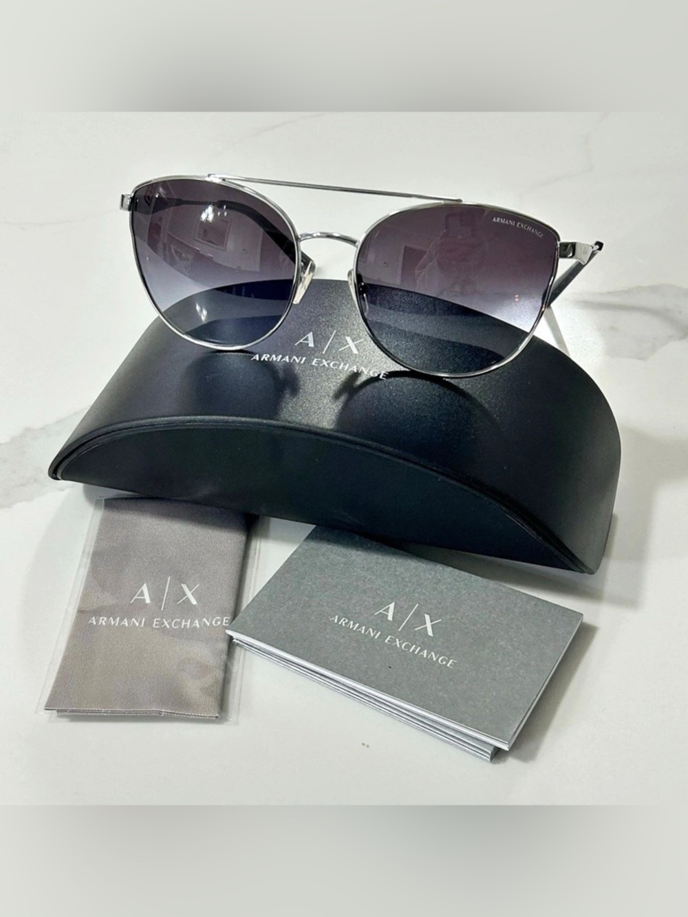 Armani Exchange Sunglasses Pilot Double Bridge Silver & Black